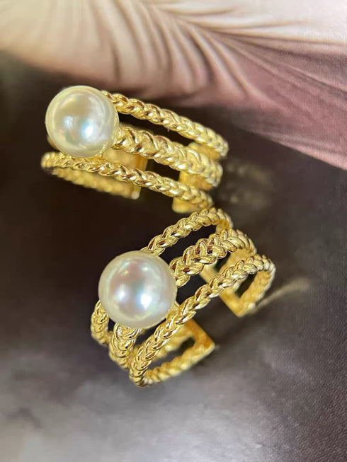Gold Akoya Pearl Weaving Open Ring — Modern Luxury
